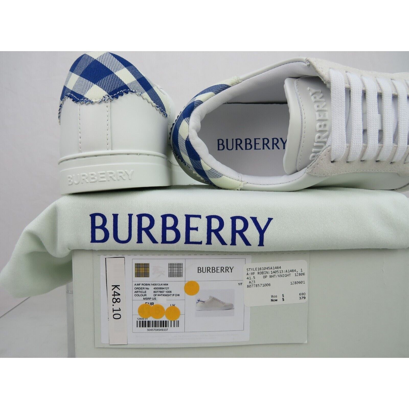 Burberry BURBERRY ROBIN WHITE BLUE CHECK LTH LOW LOGO SNEAKERS 12 45 Size US 12 / EU 45 - 13 Thumbnail