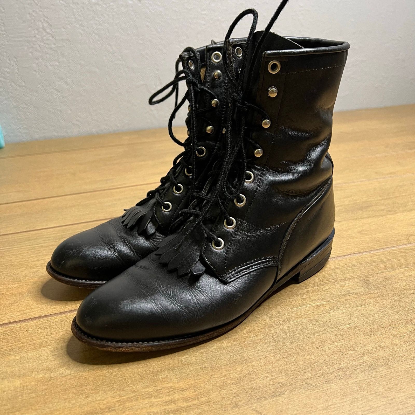 Justin Boots Justin Women’s Kiltie Packer Boots Black Leather 7 B USA Size US 7 / IT 37 - 3 Thumbnail