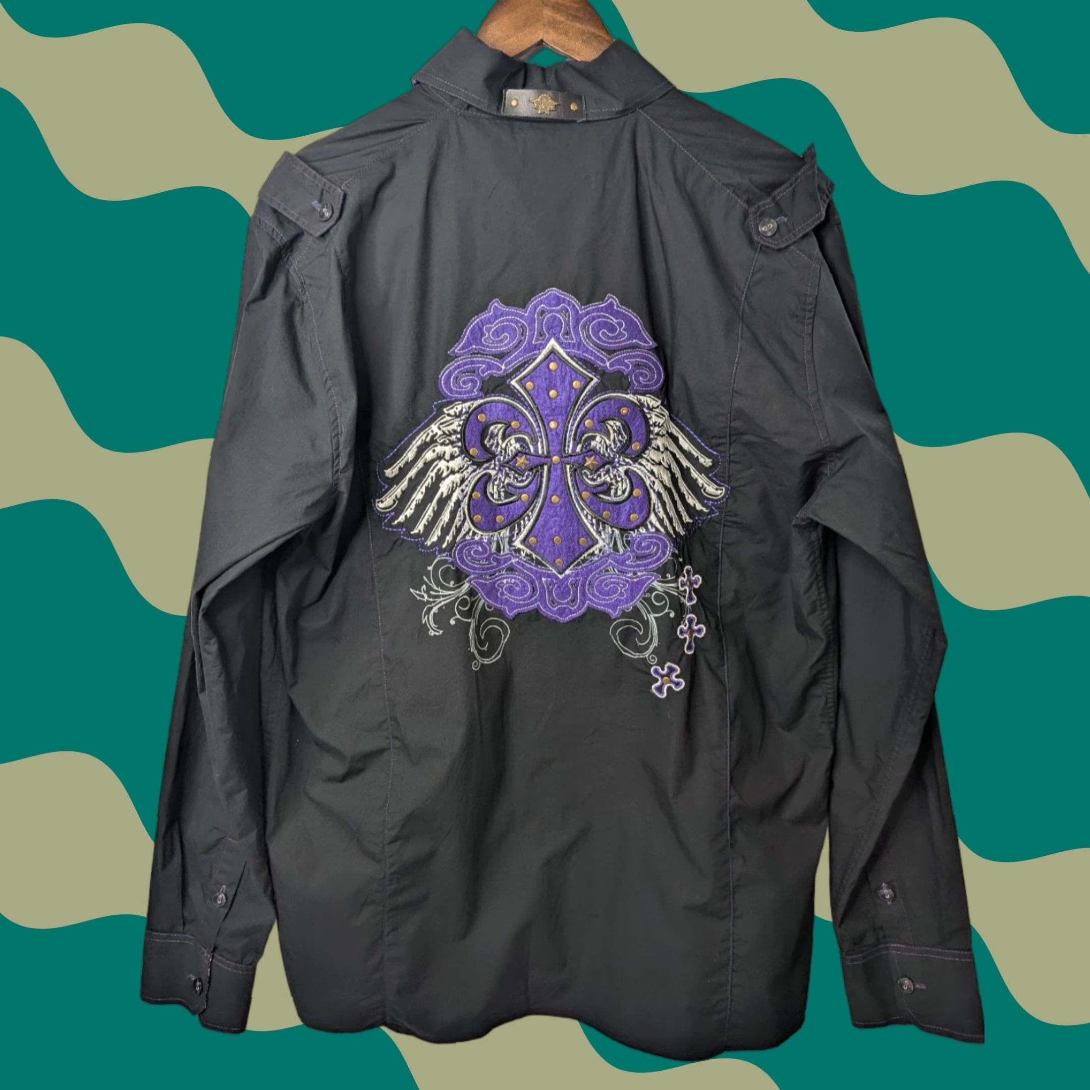 Vintage El General Shirt Button Long Sleeve XL Black Purple Rock n' Roll Mens Shirt Size US XL / EU 56 / 4 - 1 Thumbnail