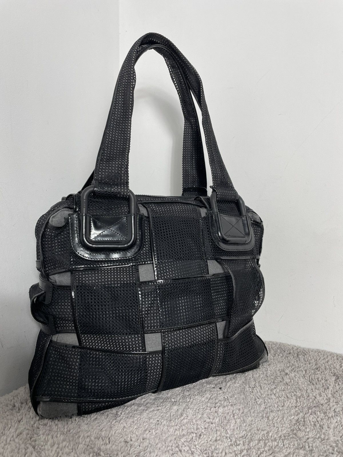 Fendi FENDI Black Mesh/Patent Leather Woven Crossword Grande Bag Size ONE SIZE - 3 Thumbnail