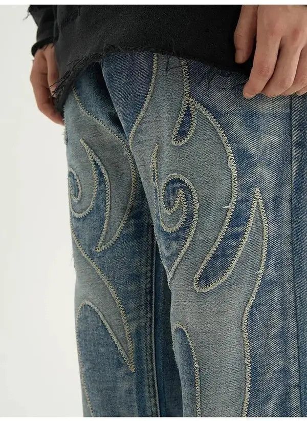 VIBE Blue Patchwork Skulls Embroidery Casual Denim Pants Size US 32 / EU 48 - 3 Thumbnail
