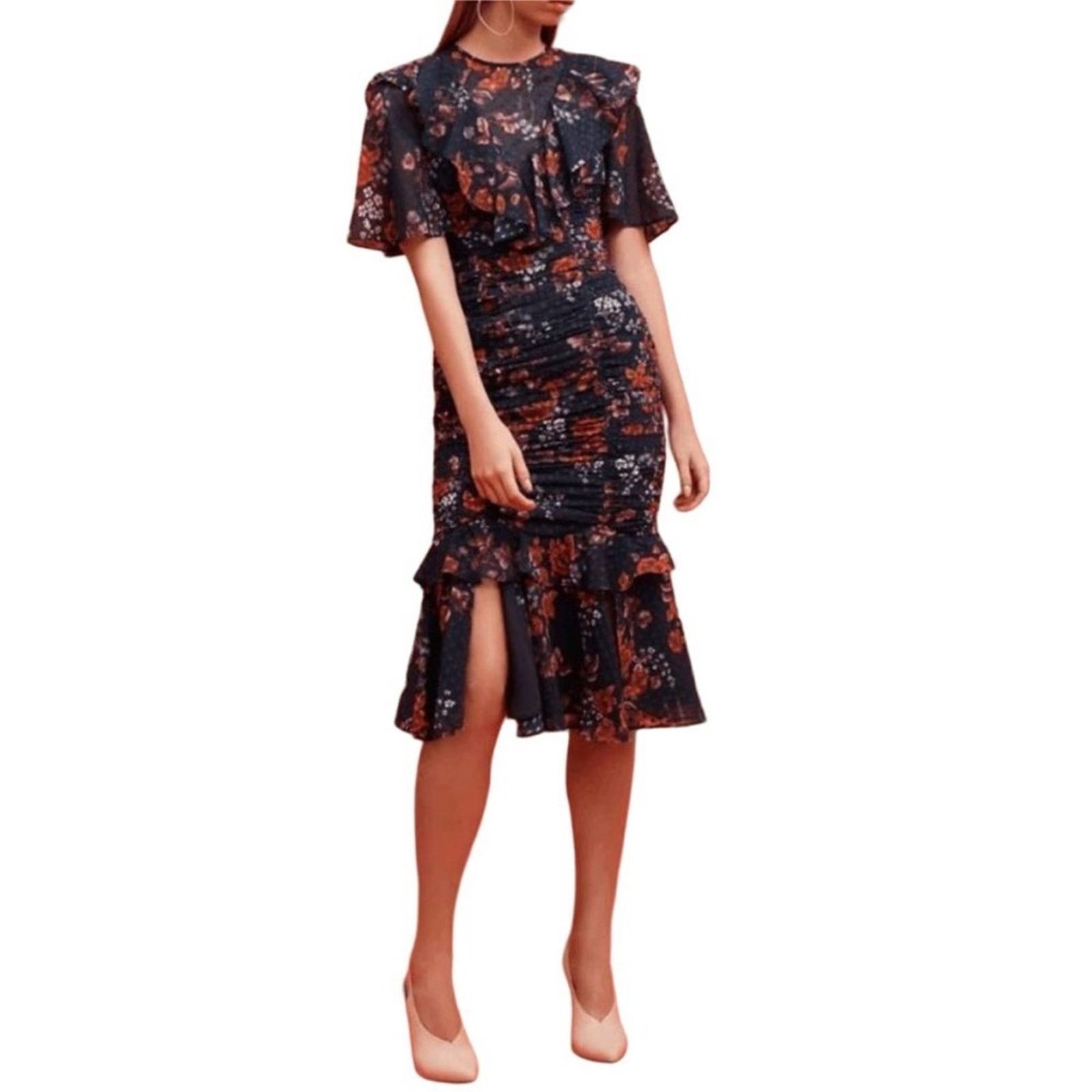 Nordstrom Keepsake Navy Blue Red White Floral Ruffle Ruche Midi Dress Size XS / US 0-2 / IT 36-38 - 13 Thumbnail