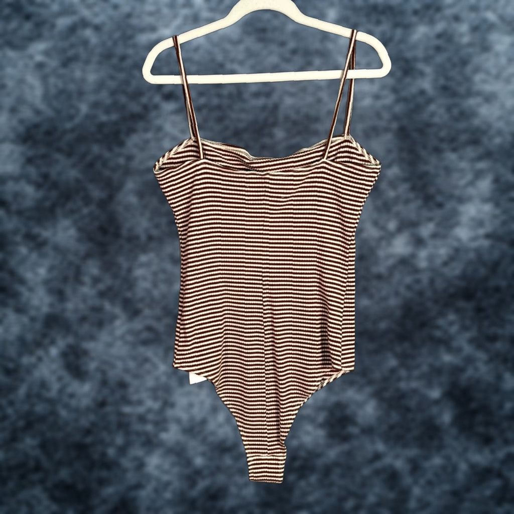 Reformation Reformation Bodysuit Shirt Womens Small Brown White Striped Ribbed Sleeveless Spandex Tencel Casual Spring Summer Basic Stretch Womens S Bodysuit Size S / US 4 / IT 40 - 1 Thumbnail