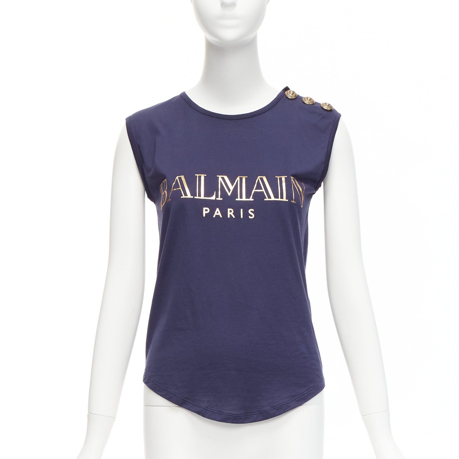 Balmain BALMAIN navy gold foil logo military button shoulder tank top FR34 XS Size XS / US 0-2 / IT 36-38 - 1 Thumbnail