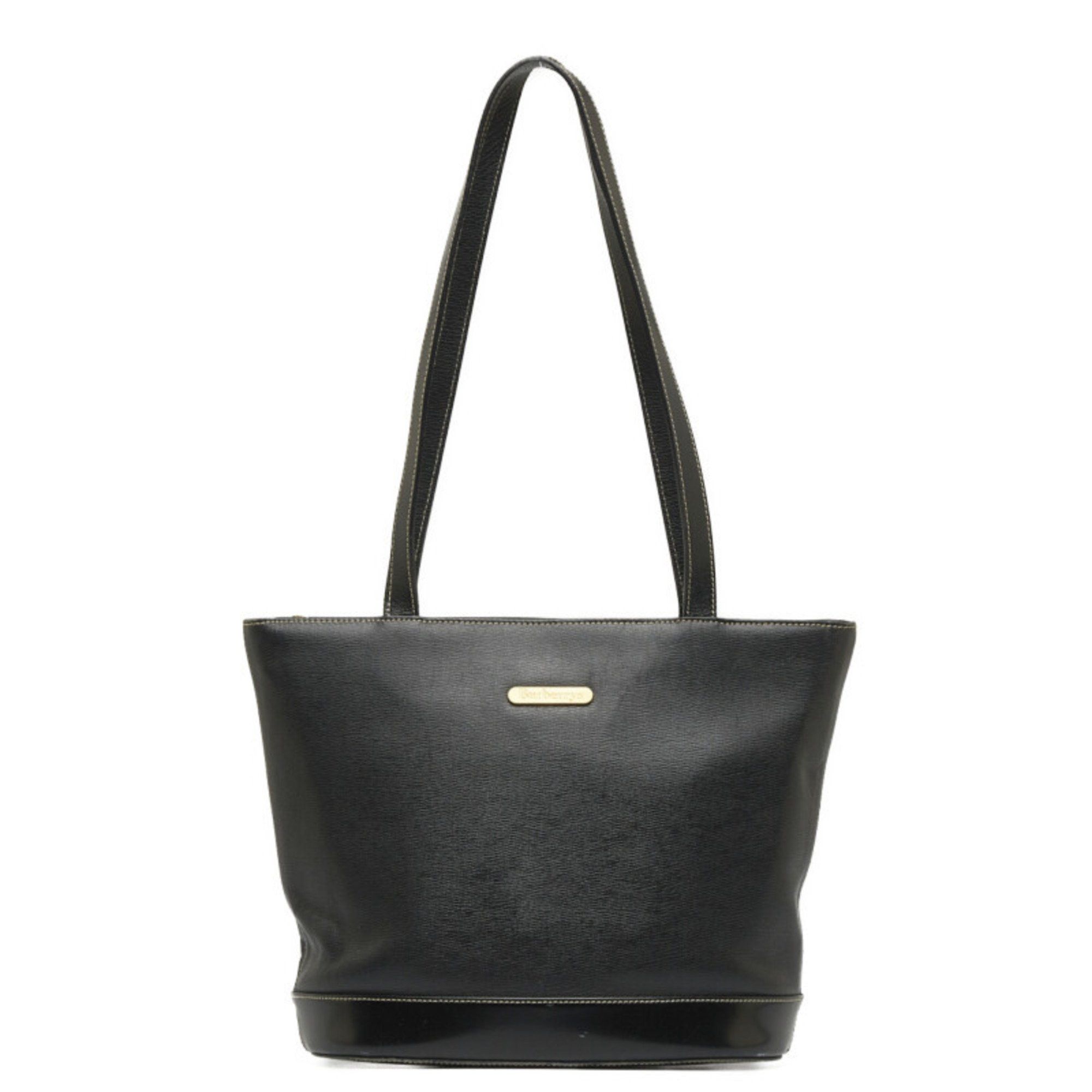 image of Burberry Nova Check Shadow Horse Plate Shoulder Bag Tote Black Leather Women's Burberry