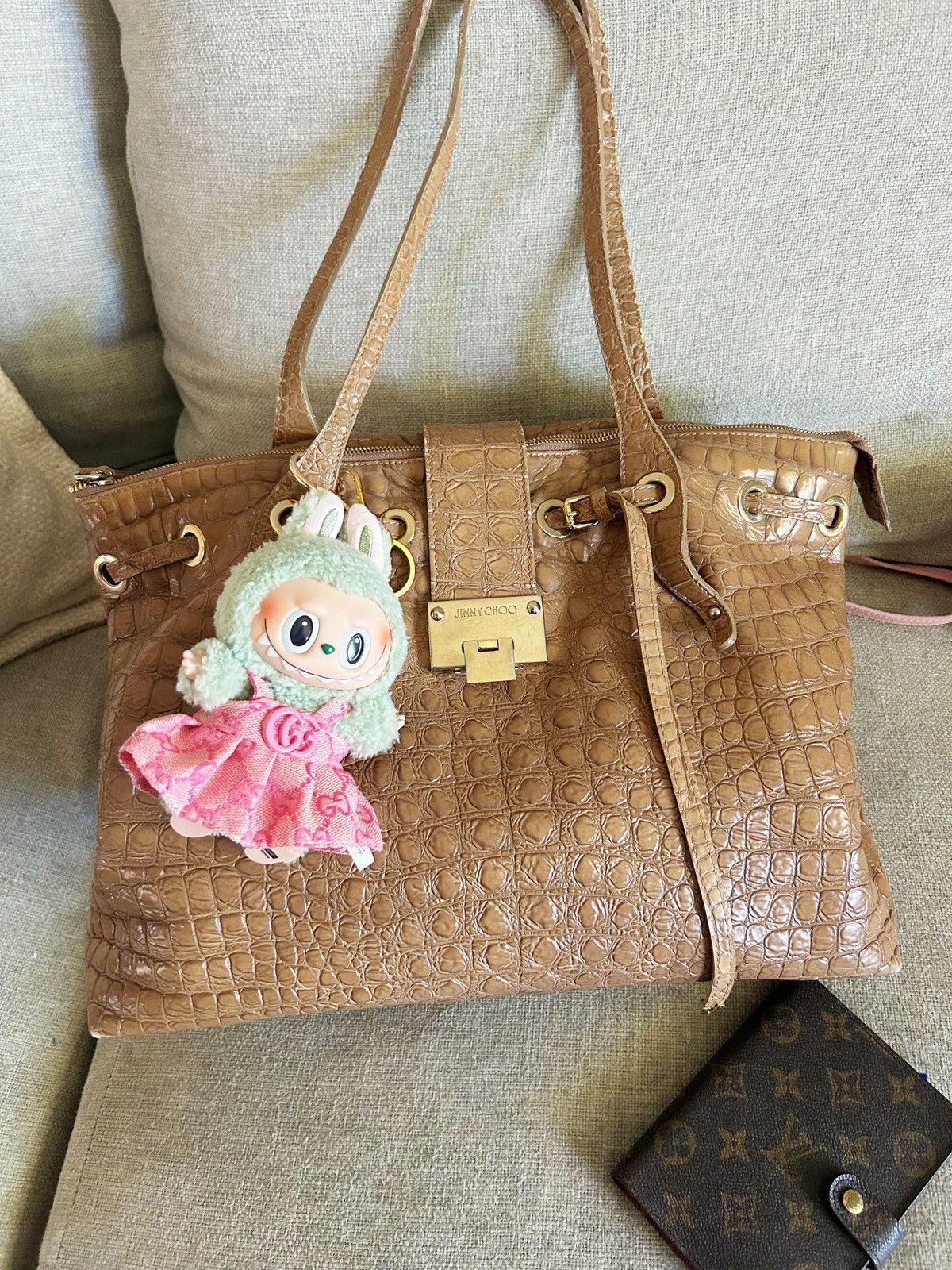 Jimmy Choo Authentic JIMMY CHOO Tan Croc Embossed Leather Rhea Tote Bag Size ONE SIZE - 10 Thumbnail
