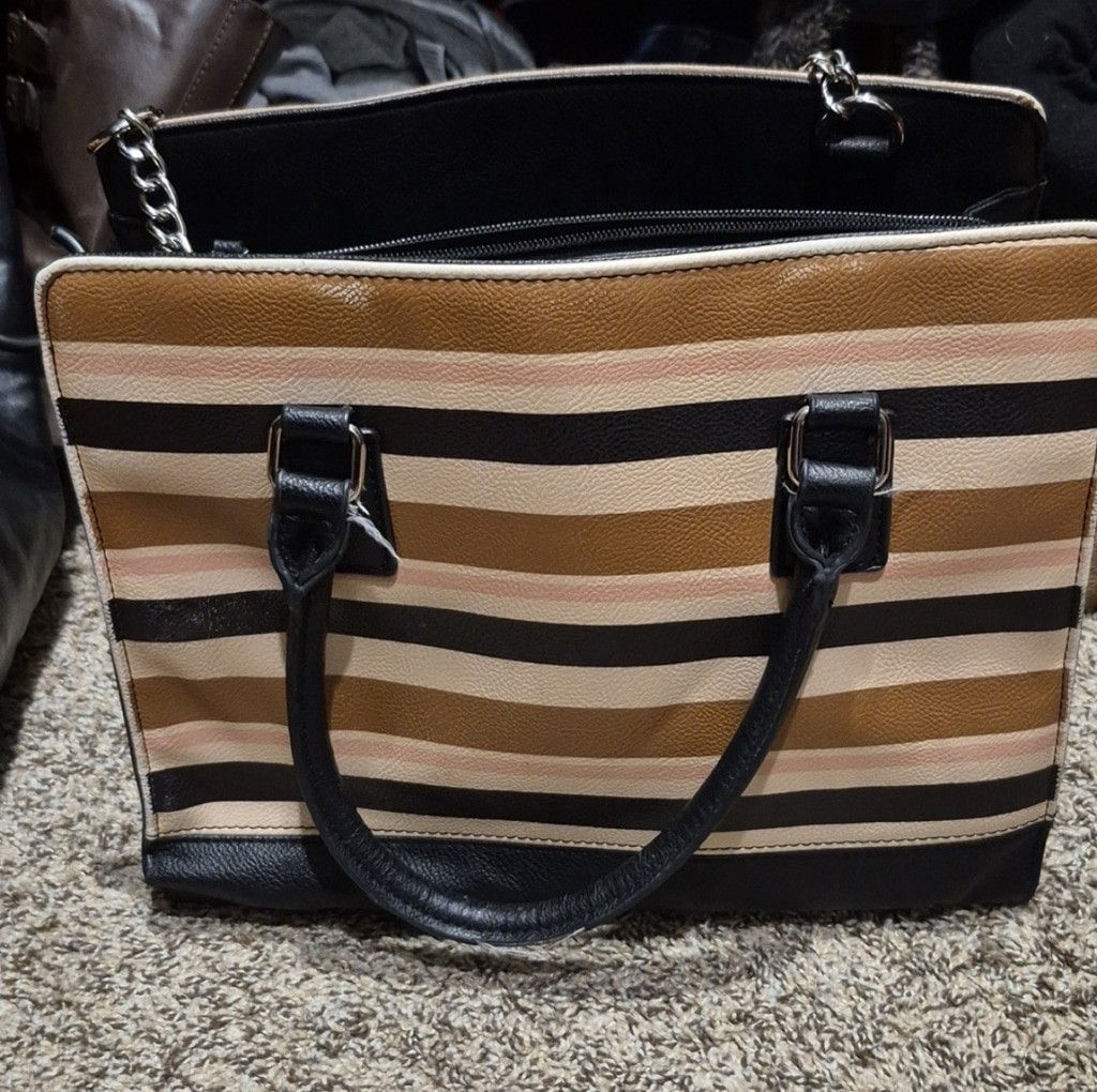 Nine West Nine West Striped Satchel Handbag – Black, Brown & Tan Size ONE SIZE - 5 Thumbnail