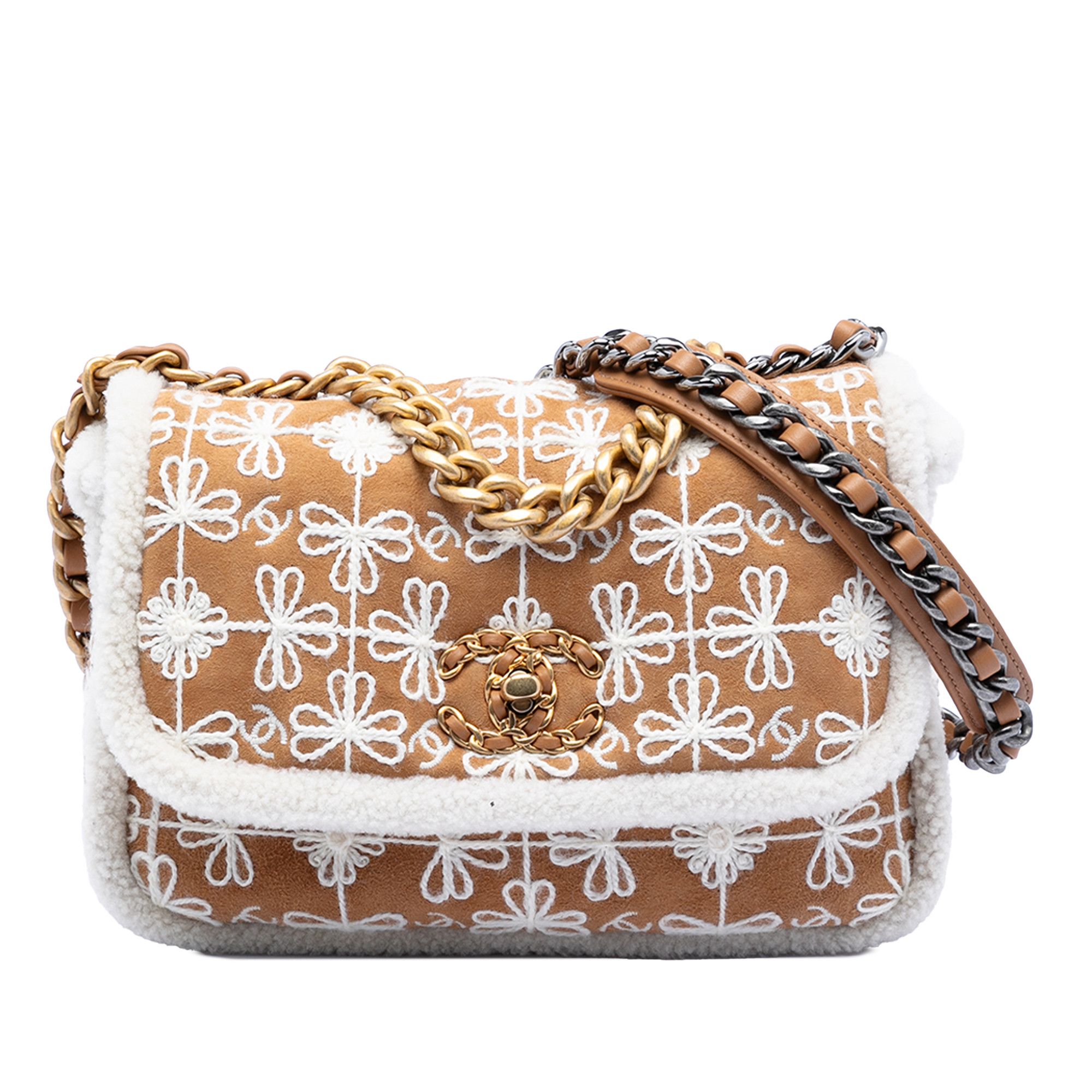 Chanel Chanel Medium Embroidered Suede 19 Flap with Shearling Trim Size ONE SIZE - 1 Thumbnail