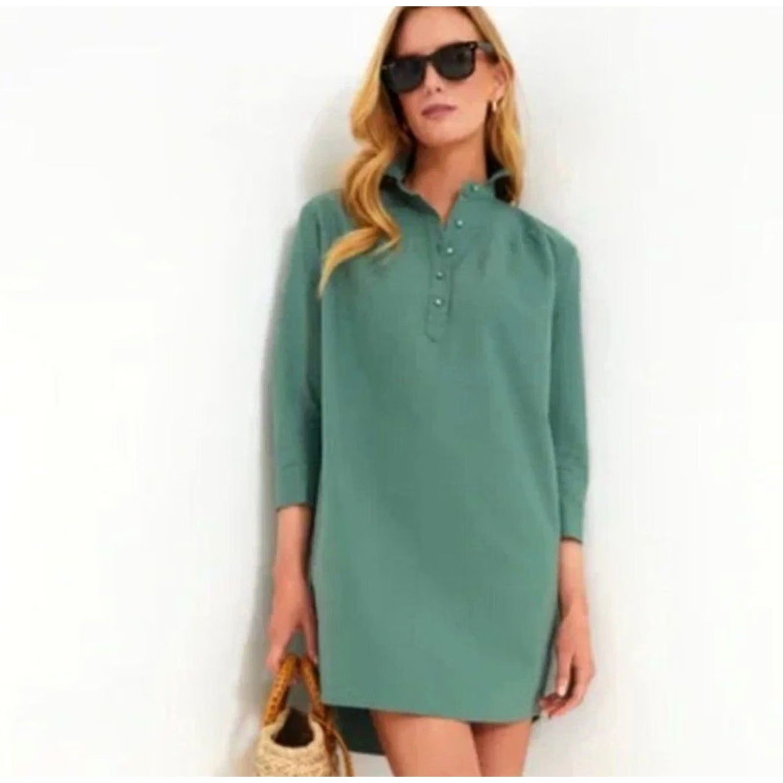 Vintage Pomander Place Shirt Dress Green M 3/4 Sleeve Button Collared Short Dress Modern Boho Preppy Women Size M / US 6-8 / IT 42-44 - 2 Thumbnail