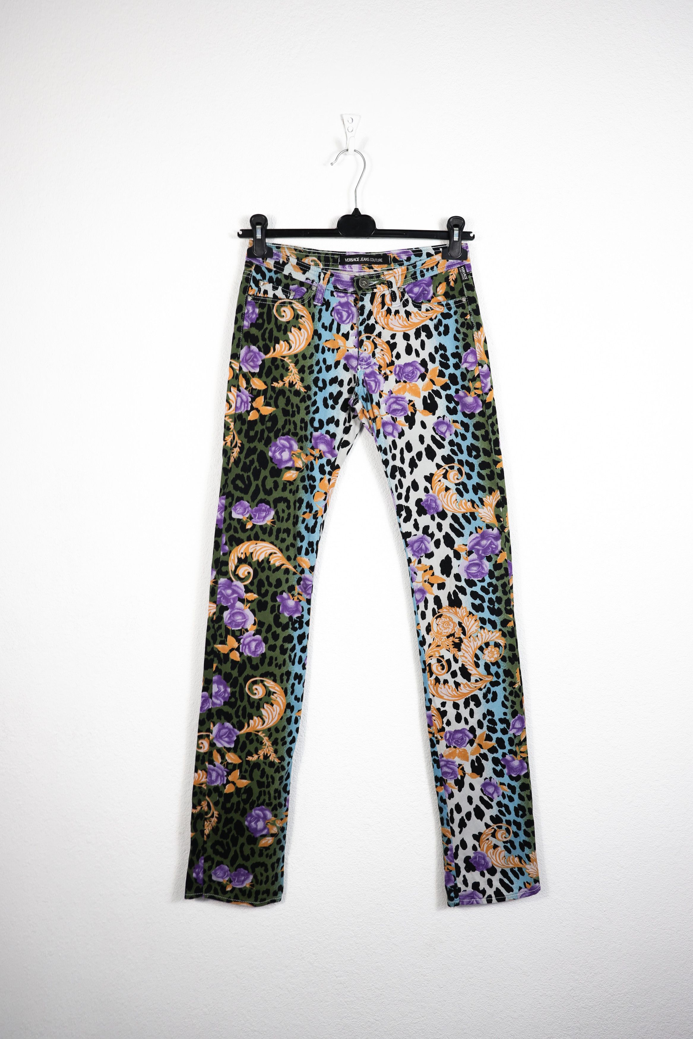 image of Womens Versace Leopard Printed Floral Baroque Denim Pants (Size 26)