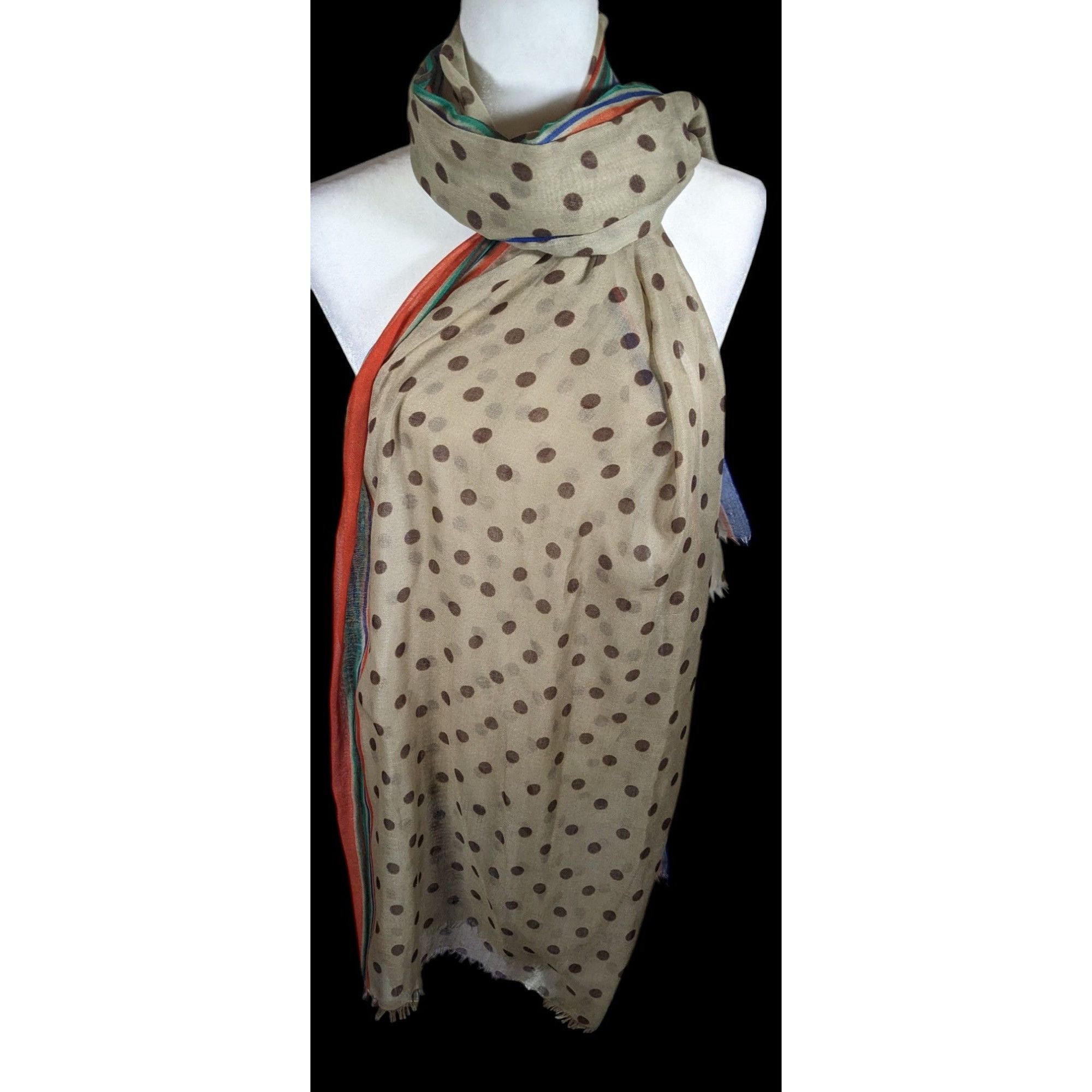 Vintage 70s Taupe Scarf With Brown Polka Dots And Rainbow St