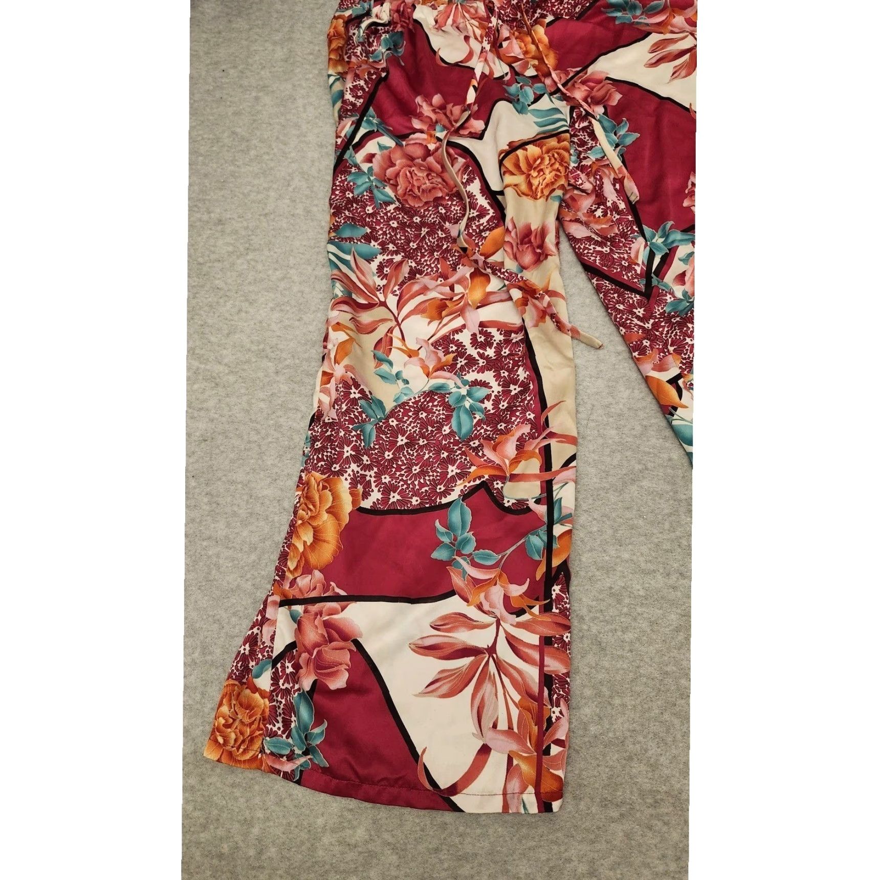 Vintage Natori Pajama Pants Womens Large Burgundy Floral Satin Drawstring Lounge Capri Size 36" / US 14 / IT 50 - 3 Thumbnail