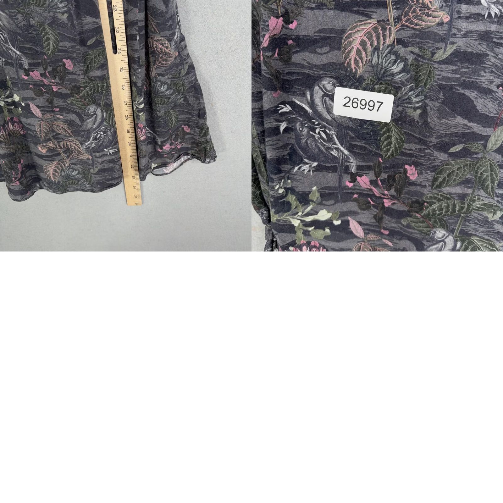 Allsaints VINTAGE AllSaints Dress Womens Small Gray Floral Bird Print V Neck Belted Mini Fit Flare Size S / US 4 / IT 40 - 8 Thumbnail
