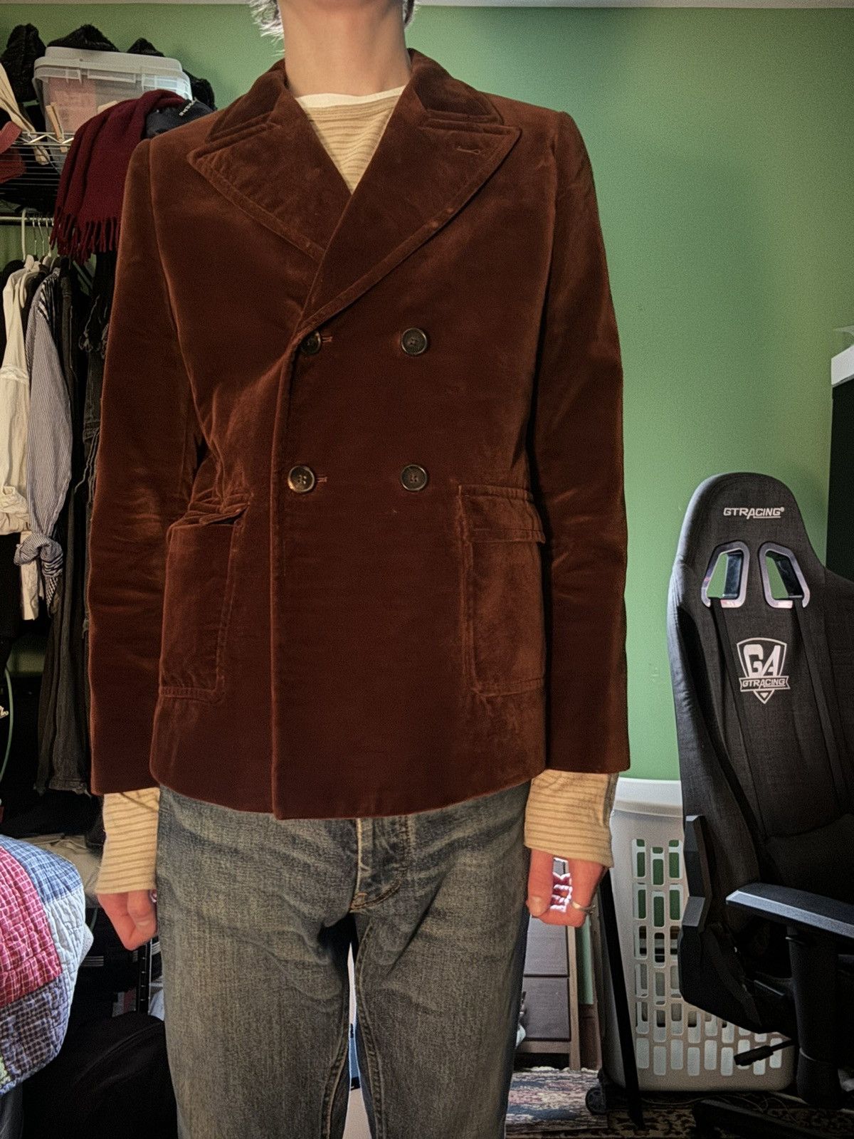 Celine × Hedi Slimane Double Breasted Velvet Blazer Size 44R - 7 Thumbnail