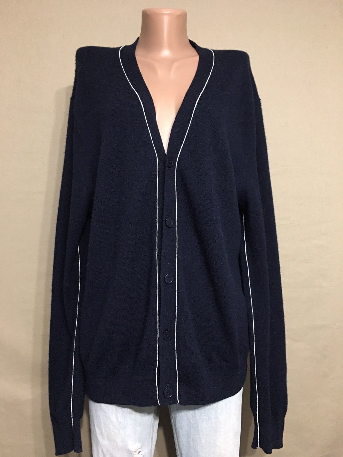 Sandro Sandro Navy Dark Blue Striped Trim Wool Cardigan Size US XL / EU 56 / 4 - 2 Thumbnail