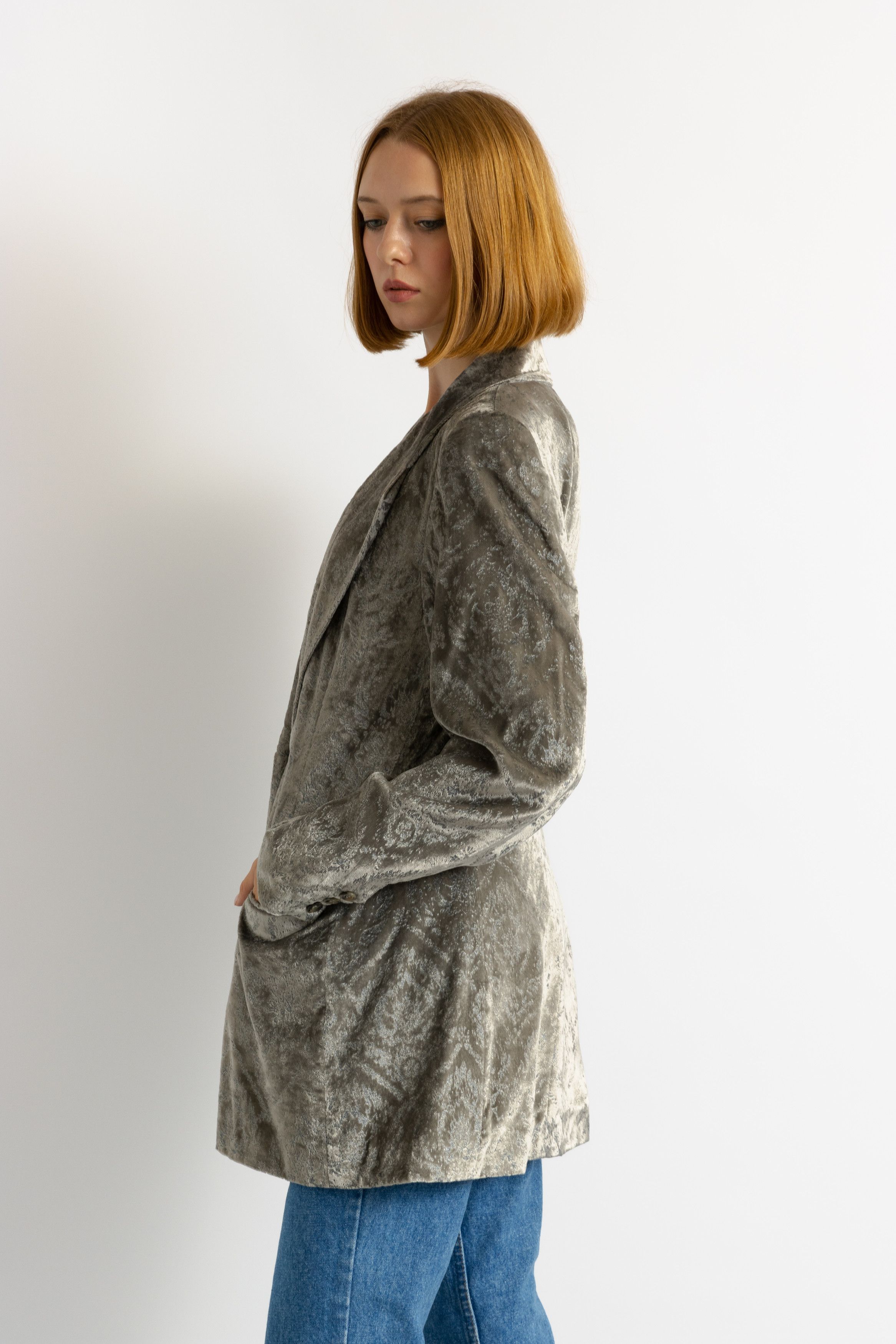 Escada LAUREL Velour Lined Silver Long Maxi Spring Blazer 7092 Size M / US 6-8 / IT 42-44 - 5 Thumbnail
