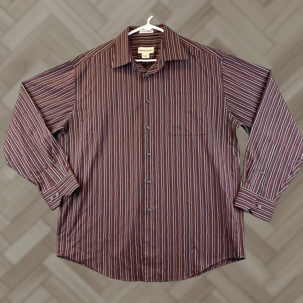 Pronto Uomo Pronto Uomo Dress Shirt Mens L Brown Black Stripe / 82-23 Regular Long Sleeve Point Collar Barrel Button Cuff Brown Striped Pronto Uomo 82-23 Size 42R - 1 Thumbnail