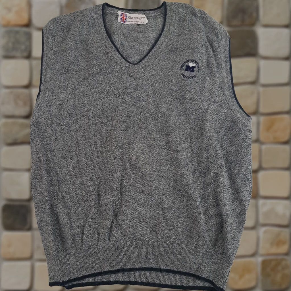 Vintage VINTAGE Slazenger University Vest Embroidered Golf - Large Unisex Adults, Grey-Blue Trim, V-Neck, Sleeveless, Cotton Knit, Collarless, Regular Fit Size US L / EU 52-54 / 3 - 1 Thumbnail
