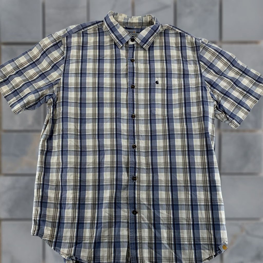 Carhartt Carhartt Shirt Mens XL Blue Essential Plaid Short Sleeve Relaxed Fit Cotton Shirt Mens XL Blue Plaid Short Sleeve Button-Up Classic Comfort Size US XL / EU 56 / 4 - 1 Thumbnail