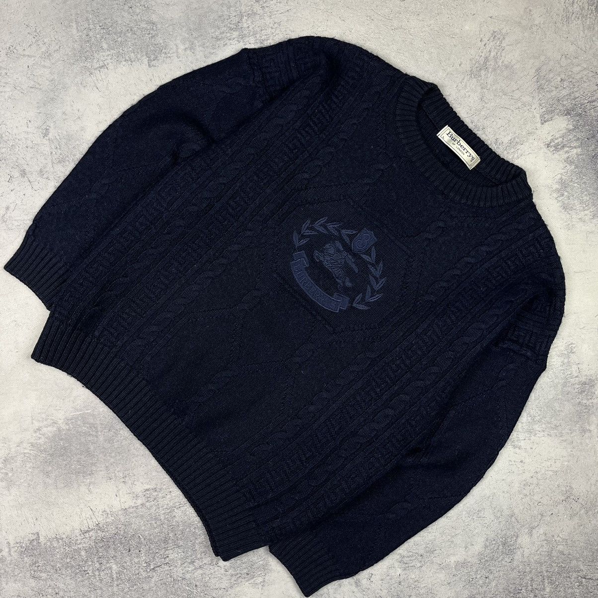 image of Vintage Burberry Knit Big Logo Wool Sweater 90’S in Navy Blue, Men's (Size Medium)