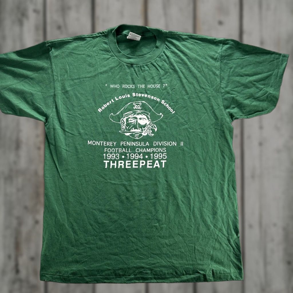 Vintage VINTAGE Robert Louis Stevenson School Shirt Mens XL Green Football Threepeat 90s Pirates Rock the House T-Shirt Size US XL / EU 56 / 4 - 1 Thumbnail