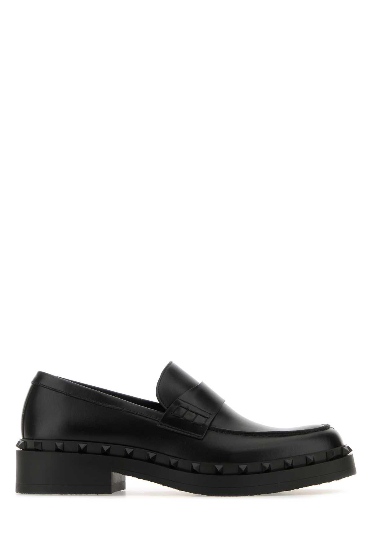 image of Valentino Garavani Black Leather Rockstud Loafers, Men's (Size 12)