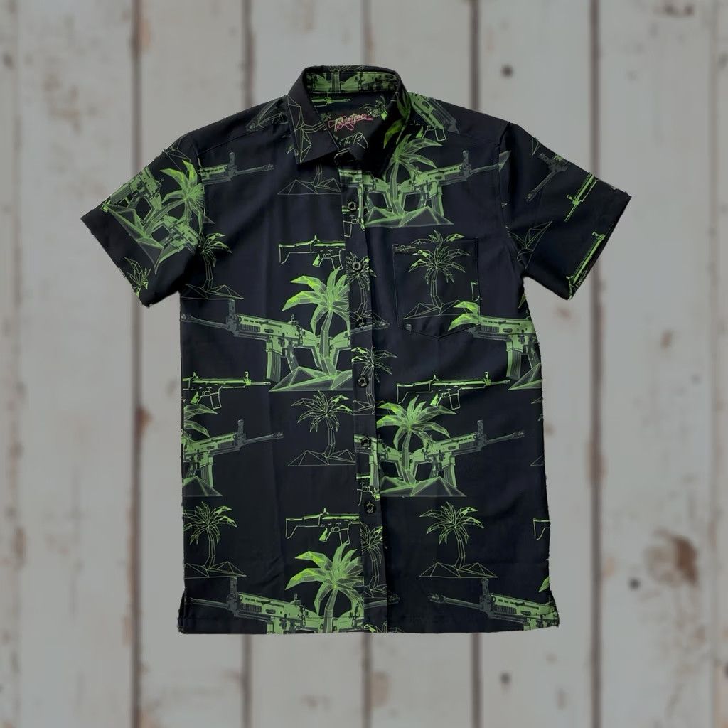 Vintage Retro Rifle Palm AOP Hawaiian Camp Button Up Stretch Shirt Men's XS Black Size US XS / EU 42 / 0 - 1 Thumbnail