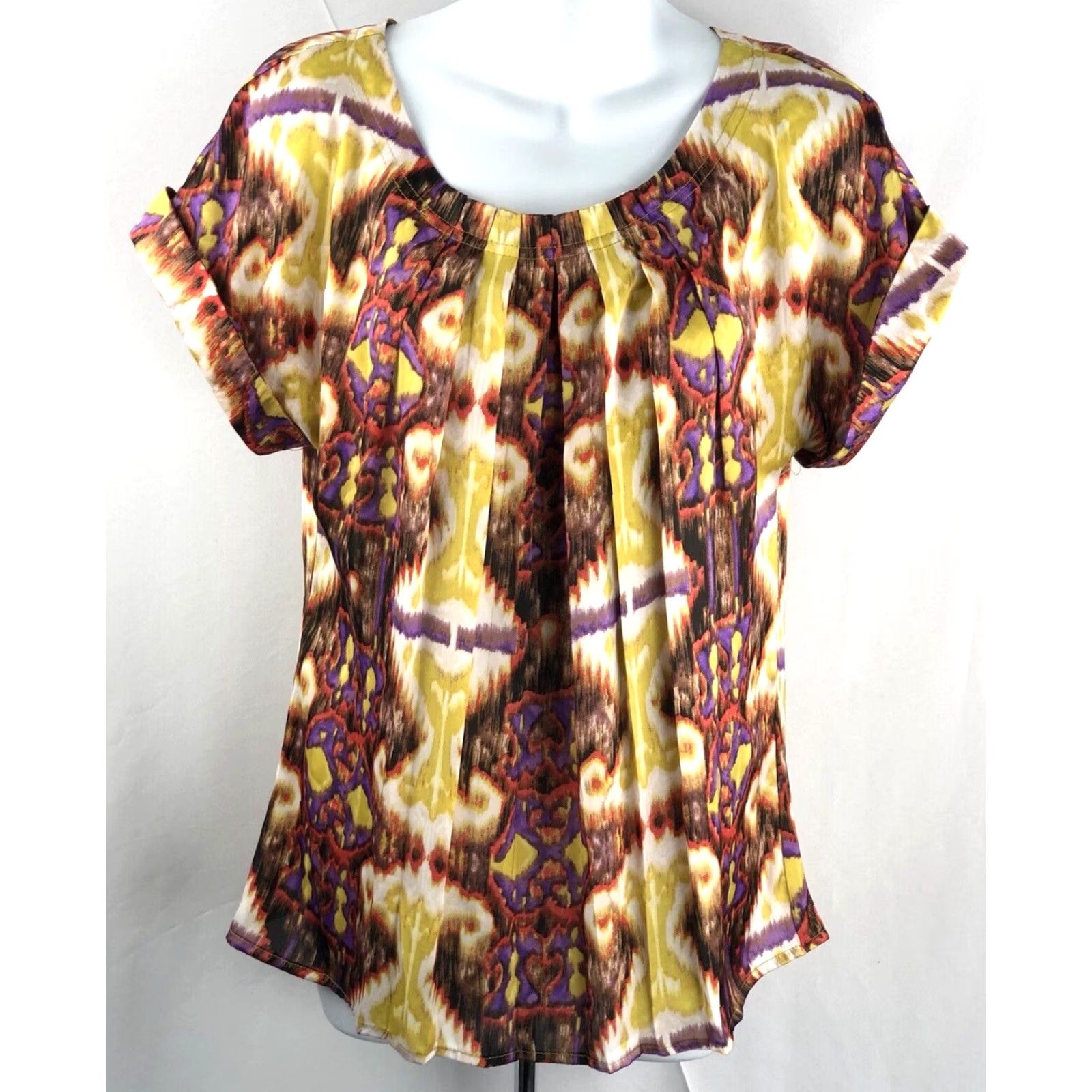 Essentials Essentials Boho satin top L purple/yellow mod print pleated Neck Cuff ShortSleeve Retro Geometric Multicolor Top Blouse Womens Size L / US 10 / IT 46 - 2 Thumbnail