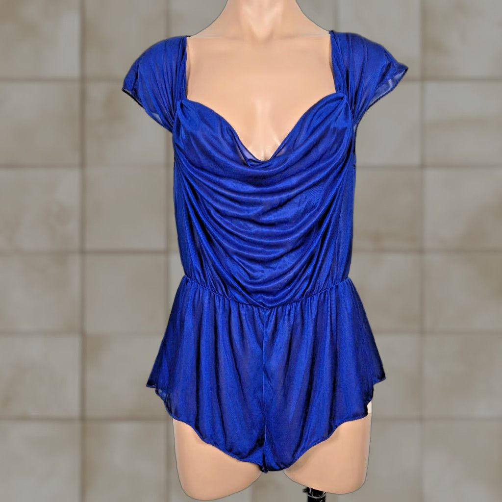 VTG Sabrina Blue Nylon Snap Sheer ILGWU M TEDDY BODYSUIT Nightie Romper Shirt Womens 1980s Vintage Sleepewear Glamour Medium