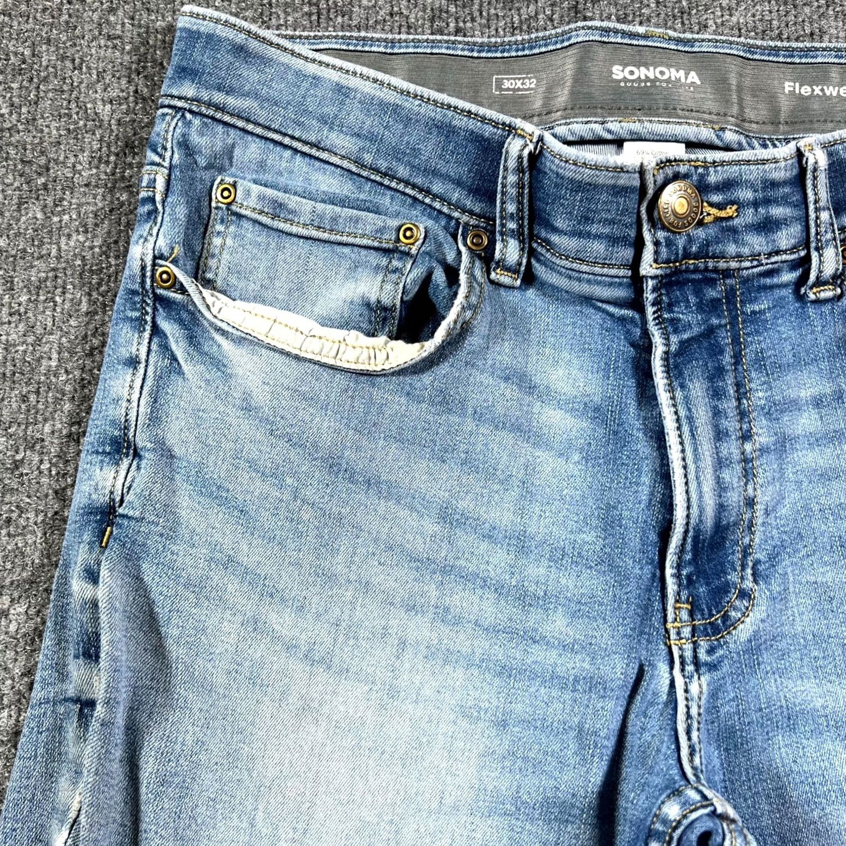 Denime Sonoma Jeans Mens 30x32 Blue Denim Distressed 5-Pocket Straight Flexwear Outdoor Jacket? Size US 30 / EU 46 - 4 Thumbnail