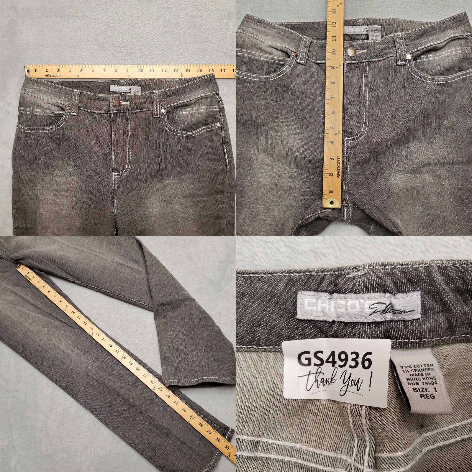 Vintage Chicos Jeans Womens size 1 Gray Platinum Embroidered Pockets Casual Denim Pants Shirt Size 30" / US 8 / IT 44 - 9 Thumbnail