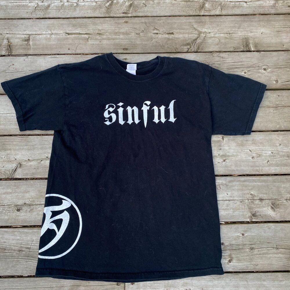 Vintage Vintage Sinful Graphic T Shirt Large AOP Black Size US L / EU 52-54 / 3 - 3 Thumbnail