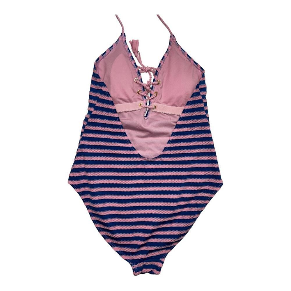 Designer Pink & Blue Striped Halter One Piece Swimsuit Large Size ONE SIZE - 2 Thumbnail
