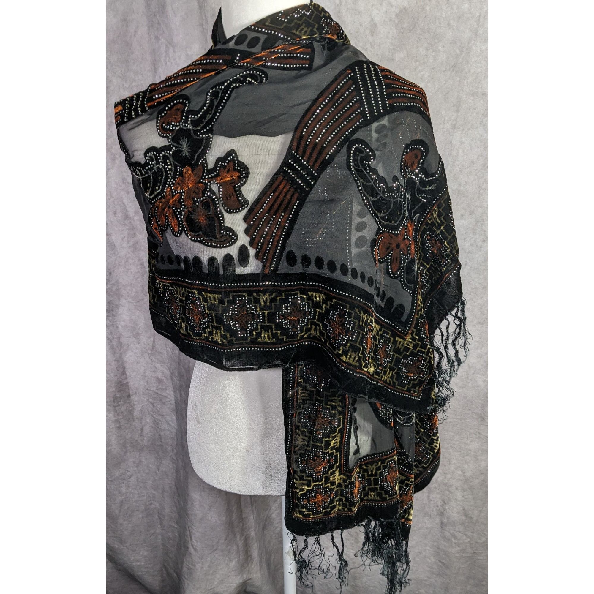 Other Vintage Glitter Burnt Velvet Floral Scarf With Fringe Elegan Size ONE SIZE - 5 Thumbnail