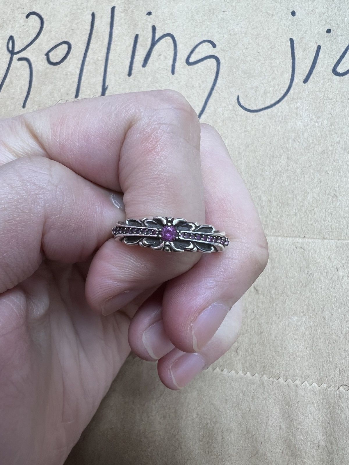 image of Chrome Hearts Pink Diamond Paved Floral Ring in Silver, Men's
