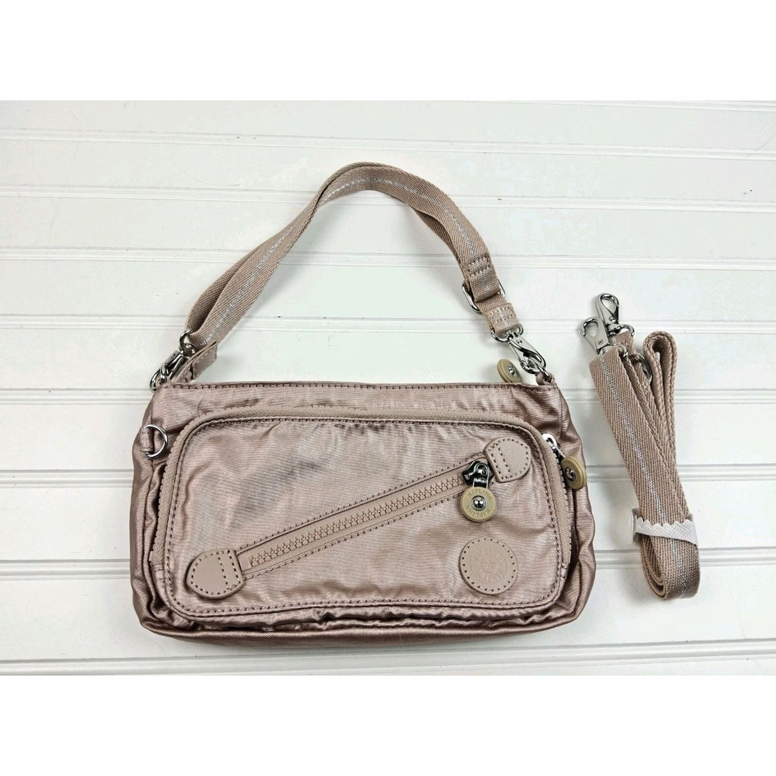 Vintage Kipling Pink Crossbody Shoulder Handbag Purse Metallic Pink Nylon Women Crossbody Bag 10x6x1 NWT Size ONE SIZE - 3 Thumbnail