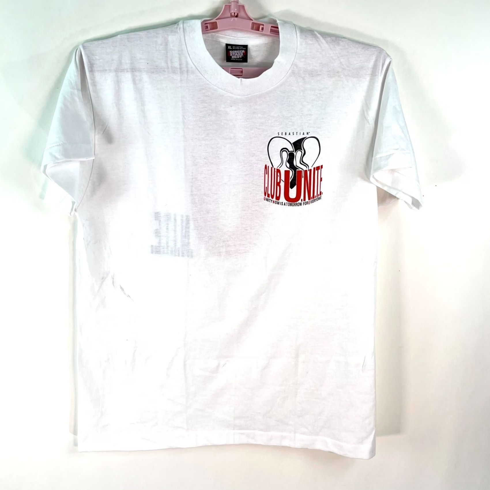 Vintage Screen Stars Club Unite Mens Graphic White T Shirt XL Short Sleeve Crew Neck Cotton Blend Size US XL / EU 56 / 4 - 2 Thumbnail