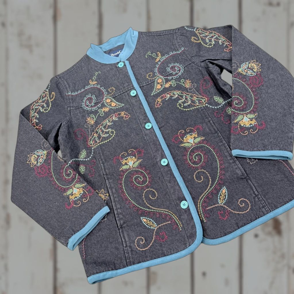 Denim & Co. Denim & Co Jacket Womens XS Blue Embroidered Paisley Button Front Mid-Length Casual Bohemian Flower Jacket Womens XS Denim & Co Size XS / US 0-2 / IT 36-38 - 1 Thumbnail