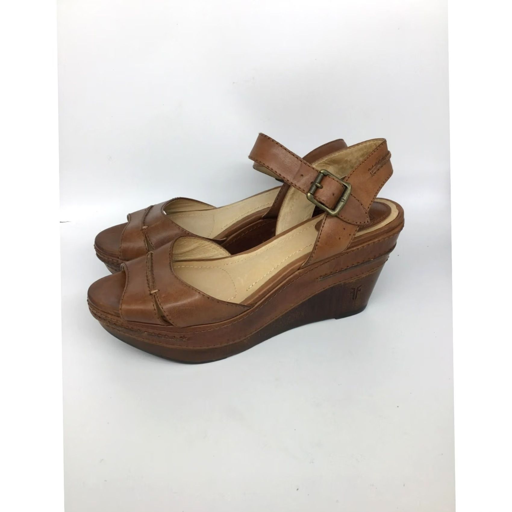 Frye VINTAGE Frye Women’s Leather Wedge Heels #1510 Shoes Brown 8M Platform Adjustable Strap Womens 8M Heels Brown Frye Wedge Shoes Size US 8 / IT 38 - 4 Thumbnail