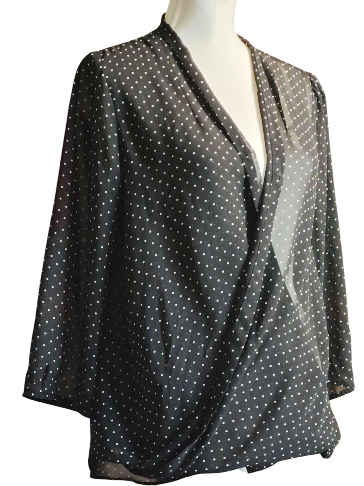 Designer Liz Claiborne Black Polka Dot Women's Wrap Top w 3/4 Sleeves Size M / US 6-8 / IT 42-44 - 4 Thumbnail