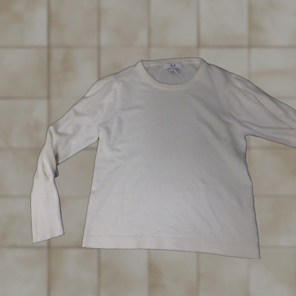 Vintage Magaschoni Womens Sweater M White Pullover Crewneck Puff Sleeve Bow Button Stretch Knit Regular Designer Size M / US 6-8 / IT 42-44 - 1 Thumbnail