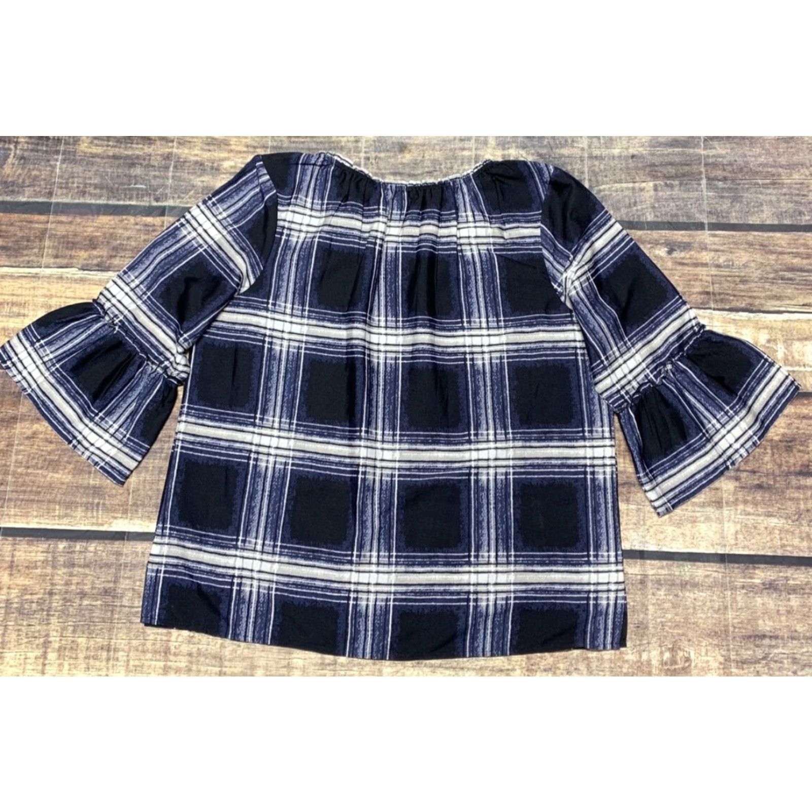 Vintage Hanna Blouse Shirt Blue White 3/4 Sleeve Bell 3" Side Slits L Womens Vintage No 100% Polyester Tunic Casual Size L / US 10 / IT 46 - 6 Thumbnail