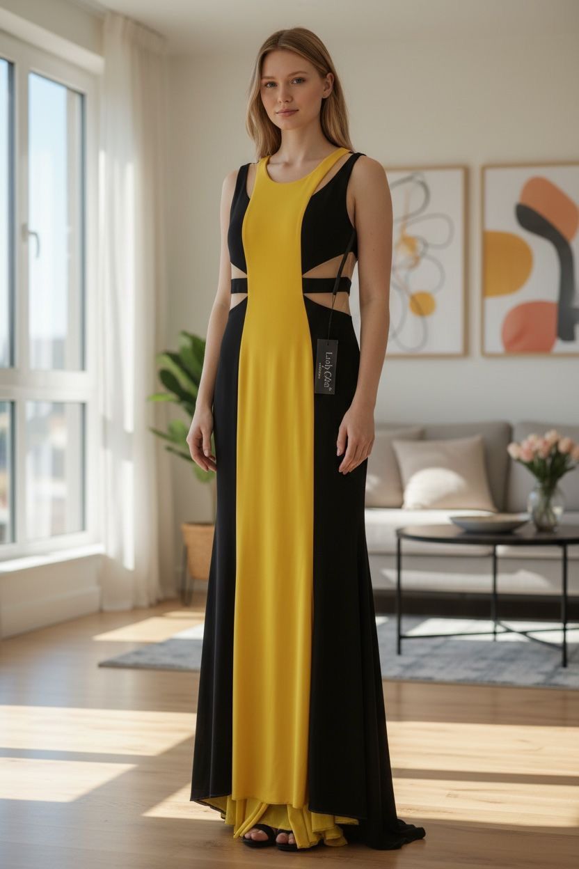 Other Lady chic elegant maxi dress black and yellow size 48 Size XL / US 12-14 / IT 48-50 - 1 Thumbnail