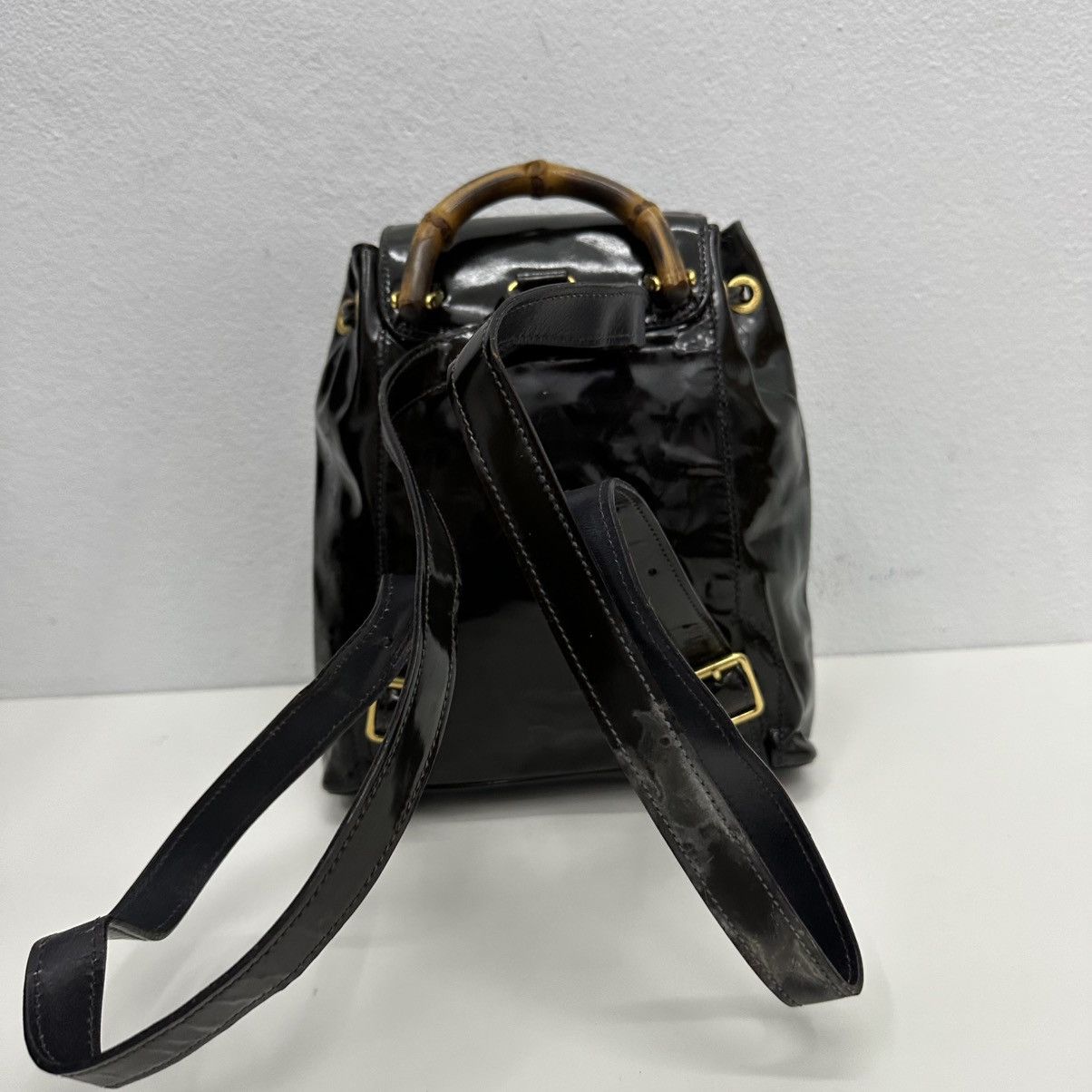Vintage ‼️YES‼️ AUTHENTIC GUCCI BAMBOO BLACK PATENT LEATHER BACKPACK Size ONE SIZE - 5 Thumbnail