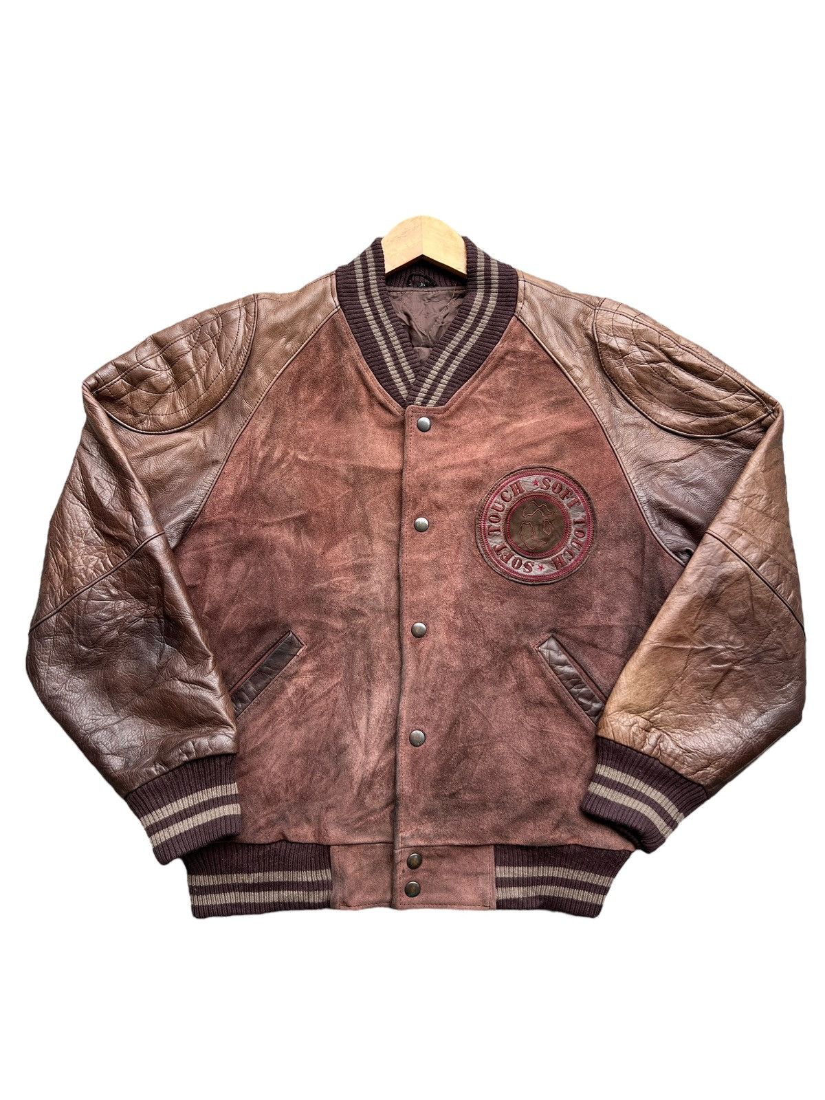 Vintage Vintage 90s Soft Touch Brown Varsity Leather Jacket Size US M / EU 48-50 / 2 - 1 Thumbnail