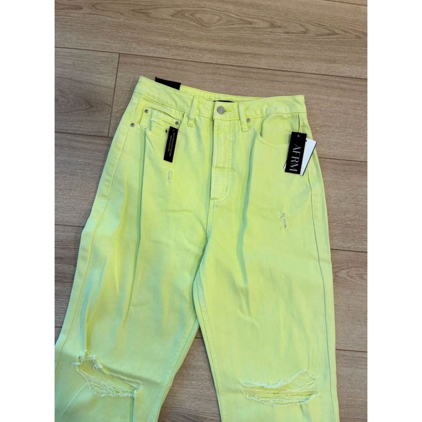 Vintage NWT AFRM Women’s Oden High Rise Wide Leg Distressed Jean Neon Yellow Size 29 Size 29" - 2 Thumbnail