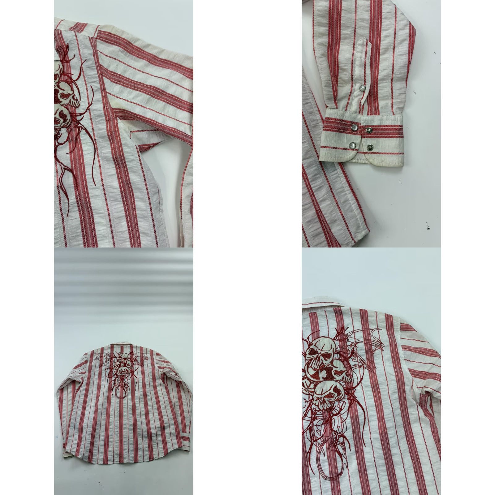 CO VINTAGE Platini Jeans Co Shirt Mens XL Red White Striped Embroidered Skull Long Sleeve Size US XL / EU 56 / 4 - 8 Thumbnail