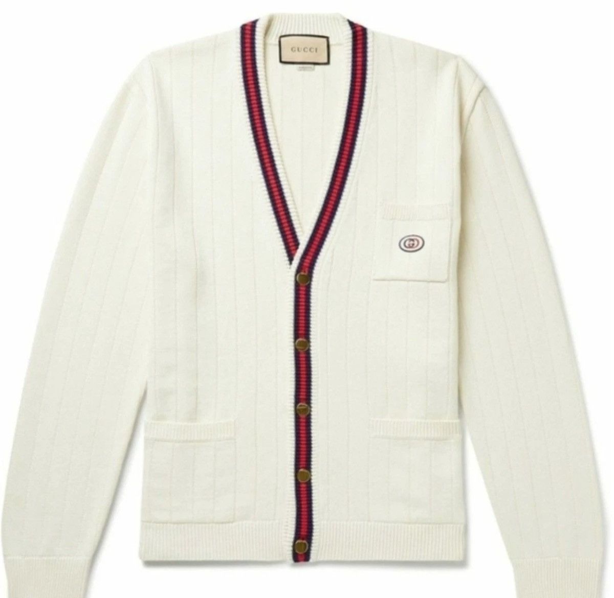 Gucci Gucci Men's Ivory Cable-Knit Cardigan XXL Stripe Trim Logo Size US XXL / EU 58 / 5 - 1 Thumbnail