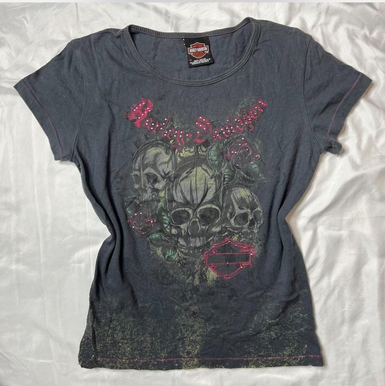 Harley Davidson Skull Rose Jeweled Baby Tee