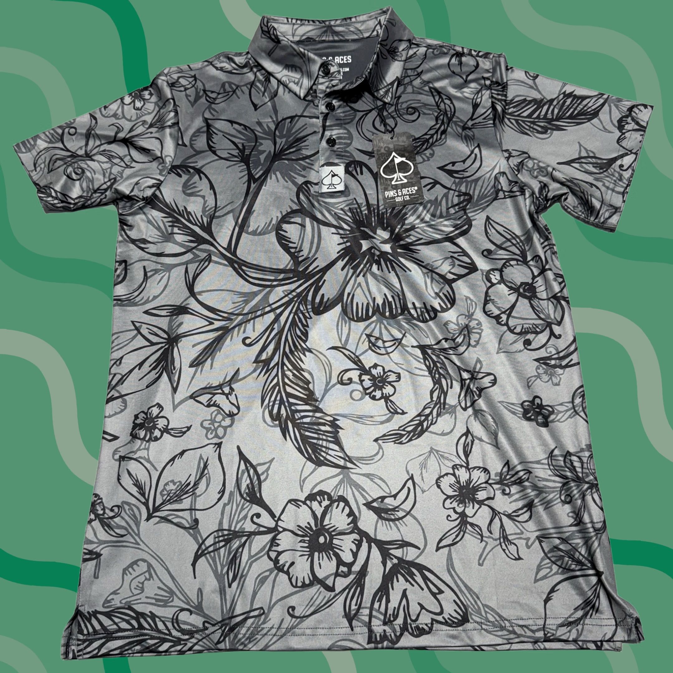 Vintage Pins & Aces Golf Polo Shirt M Gray Short Sleeve Floral Men Regular Size M Size US M / EU 48-50 / 2 - 1 Thumbnail